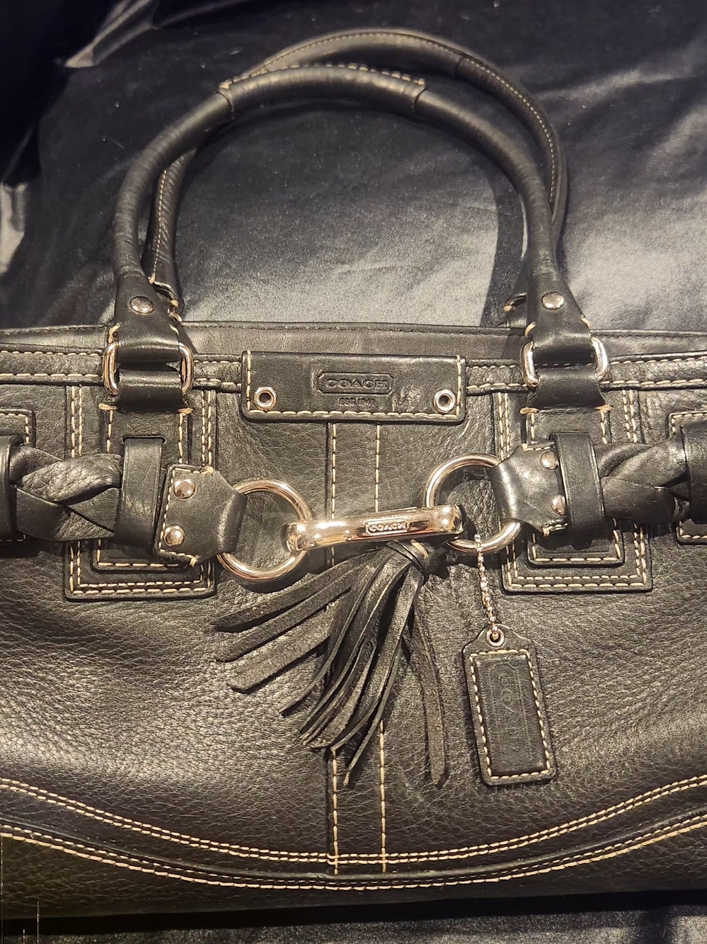 Coach Black Leather Shoulder Bag with Braided Detail and Tassel Charm